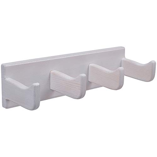 Tibres - 4 Wooden Peg Coat Rack Wall Mount for Towels Jackets Clothes Hats and Robes - White