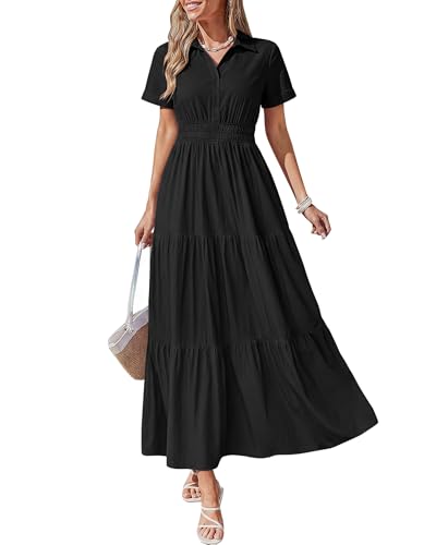BTFBM Wedding Guest Dresses for Women Beach Fashion Casual Short Sleeve V Neck Solid Spring Summer Boho Maxi Dress (Black,X-Large)