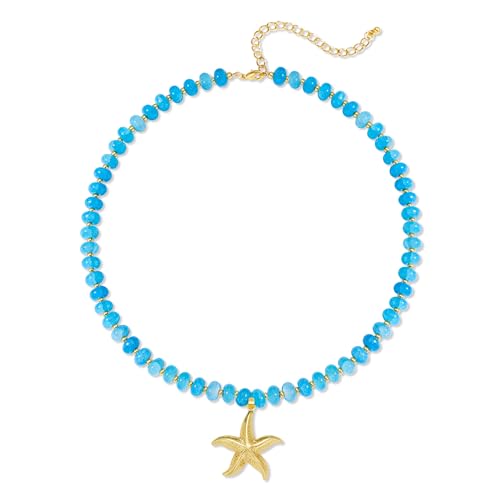 YUJIE Blue Beaded Necklace for Women Boho Summer Beach Choker with Gold Starfish Pendant Coastal Ocean Vacation Statement Jewelry Gift
