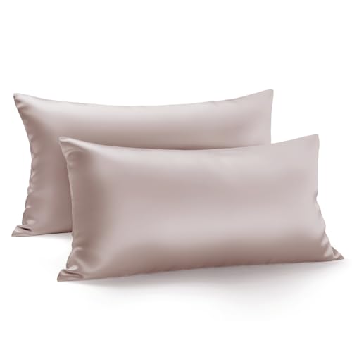 Zenssia Luxus Satin Kissenbezug 40x80 2er Set Weich wie Seidenkissenbezug 40x80 Haar- und Hautpflege mit Reißverschluss, Taupe