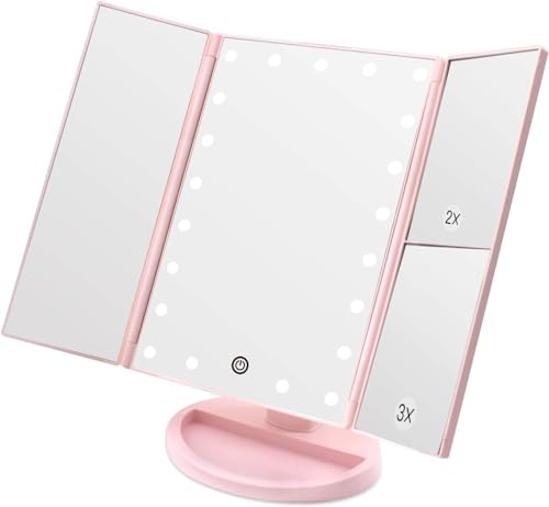 Espejo Maquillaje con luz y Aumento 1X 2X 3X para tocador de Maquillaje con luz, Baño o Regalo para Chicas Adolescentes – Espejo Aumento con luz Ideal para cosmetica Mujer y Espejo tocador. (Rosa)