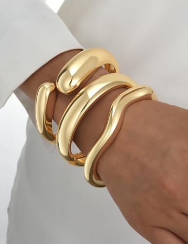 Image of Chunky Gold Bangle Bracelets for Women, Dainty 14k Gold Plated Big Stackable Bangles Set, Trendy Statement Cuff Bracelet Stack Fashion Jewelry Gifts