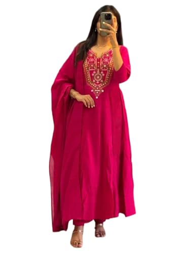 Image of ANNI Designer Women Viscose Embroidered Anarkali Kurta with Palazzo and Dupatta | Ladies Kurta Palazzo Dupatta Set | Ethnic Wear Indian Traditional Clothing for Women