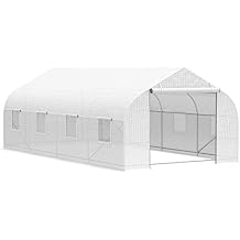 Outsunny 20 x 10 x 7 Tunnel Greenhouse Large Walk-in Warm House Deluxe High GardenHot House with 8 Roll Up Windows & Roll Up Door, Steel Frame, White