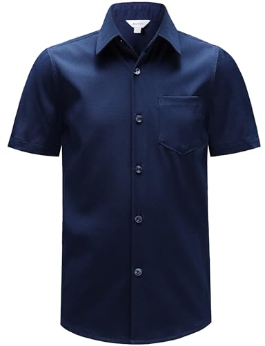 AOTIK Boys Stretch Wrinkle Free Dress Shirts Button Down Shirt Short Sleeve Formal School Uniform Shirts 12 Navy