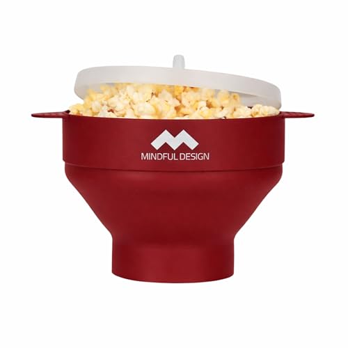 Image of The Original Mindful Design Microwave Popcorn Popper - Silicone Bowl, BPA-Free & Dishwasher Safe (Cherry Red)