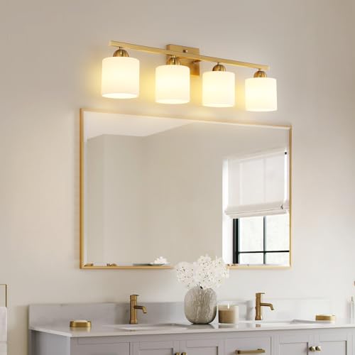 Image of Mecgirn Stainless Steel Milk Glass Vanity Lights for Bathroom, 4 Light Gold Bathroom Light Fixtures Over Mirror, Ceramic E26 Sockets Wall Mounted