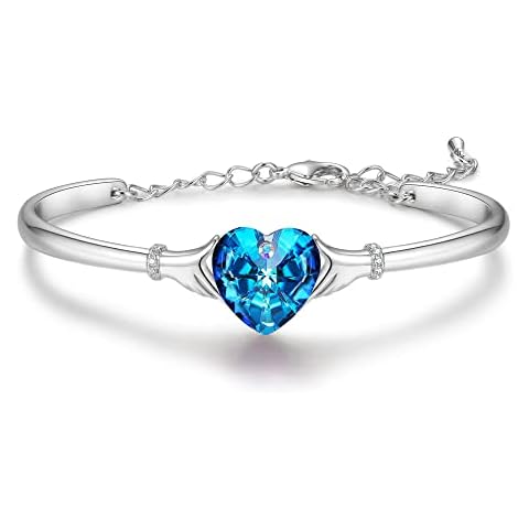 Praelinos Love Heart Claddagh Bracelet for Women Silver Tone White Gold Plated Bracelets Crystal Bangle Mother's Day Christmas Valentine's Day Birthday Gift for Wife Mom Girlfriend (Blue) Cover