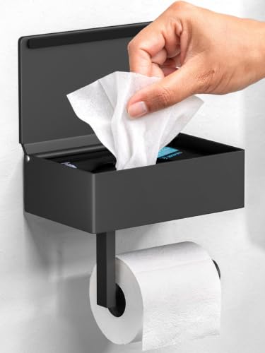 Day Moon Matte Black Toilet Paper Holder with Shelf & Wipe Storage Bathroom Roll Holder with Built-in Wipe & Tampon Holder Wall Mounted Flushable Wipe Dispenser
