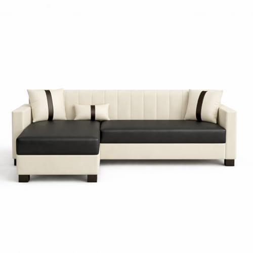 Image of SOCOZI Averique 4 Seater LHS L Shape Sofa Set |Premium Leatherette Upholstery | Modern Design | Plush Comfort Cushions for Living Room (Cream-Black)