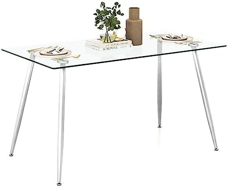 Tangkula Mesa de comedor de cristal, mesa rectangular moderna con mesa de vidrio templado y patas de acero plateado, mesa versátil de cocina simple