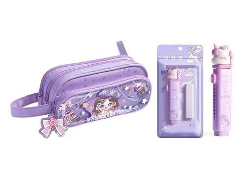 Image of Cute Purple Cartoon Pencil Pouch with Unicoorn Eraser Set for Girls | Multi-Compartment Stationery Organizer for School & College | Sweet Cool Girls Trendy Combo Gift Set