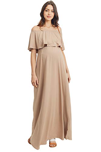 Women's Off Shoulder Ruffle Maxi Maternity Dress (Taupe Solid, M)