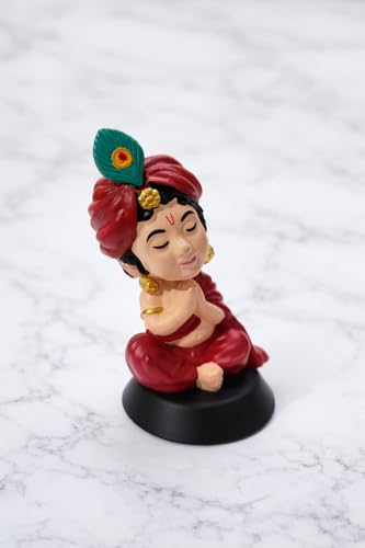 Image of Bal Krishna Idol for Car Dashboard | Premium Laddu Gopal Figurine for Home, Office & Car Decor | Baby Krishna Murti | Hindu God Statue | Spiritual Gift & Decorative Idol | Krishan Ji Close Eye Maroon
