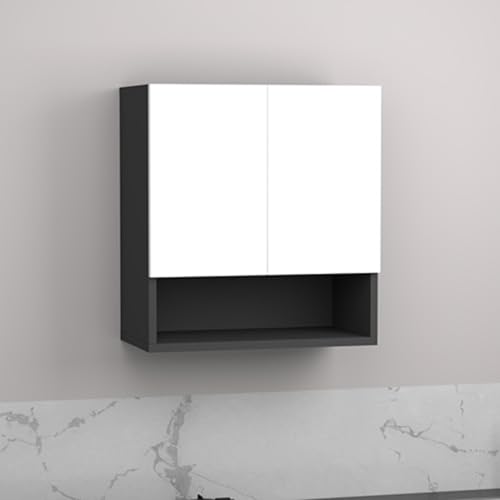Image of 2 Door Multipurpose Wall Mounted Cabinet with Adjustable & Fixed Shelf | Storage for Kitchen, Bathroom, Office & Living Room | Assembly-DIY | Color-Grey & White | Size-60x33x63.8 Cm