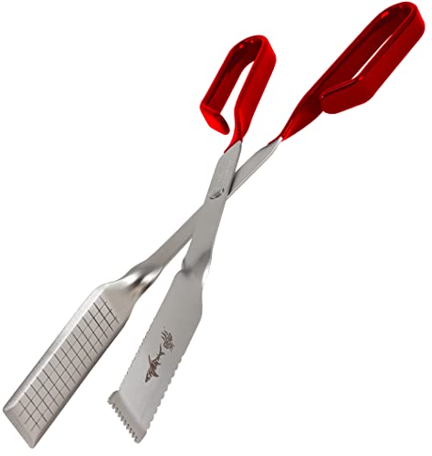 Grill Tongs for Kitchen & Outdoor Cooking: Shark BBQ, 13 Inch Long Reach Pro-Grade, Scissor-Style Utensil - Perfect for Air Frier and Oven Use (Red)