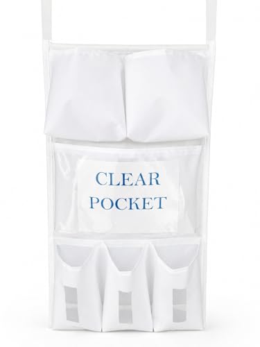 Image of It's Sew EZ Personal Protection Equipment (PPE) Isolation Door Caddy - 6 Pockets - NFPA-701 Fire Retardant Nylon Oxford with Two Stainless Steel Hooks included (White, 6 pockets)
