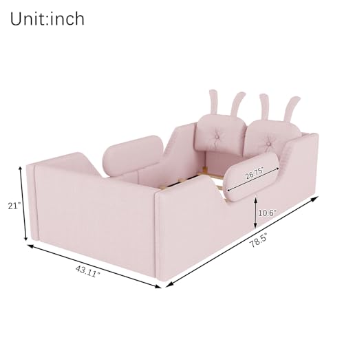 Image of Twin Size Kids Floor Bed Frame, Upholstered Montessori Platform Bed W /Removable Rails Cute Daybed Frame for Girls Boys, No Box Spring Required,Pink