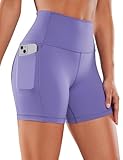 CRZ YOGA Women's Naked Feeling Biker Shorts with Pockets 5'' - High Waisted Yoga Gym Workout Spandex Dark Lavender Purple Medium
