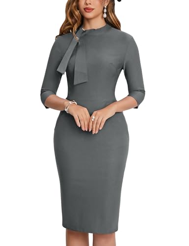 Image of MUXXN Women's Midi Pencil 1950s Vintage Cocktail 3 /4 Sleeve Tie Neck Bodycon Mid-Calf Dress with Pockets