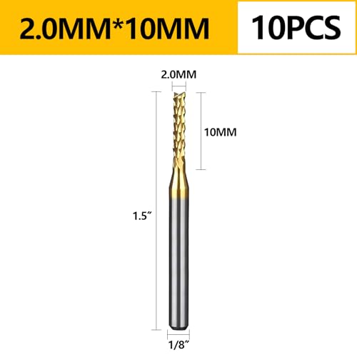 Image of Tools 10Pcs 2.0mm TiN Coating Solid Carbide End Mill Engraving Milling Cutter CNC Router Bits for PCB Machine, 1 /8 inch Shank 1BOX