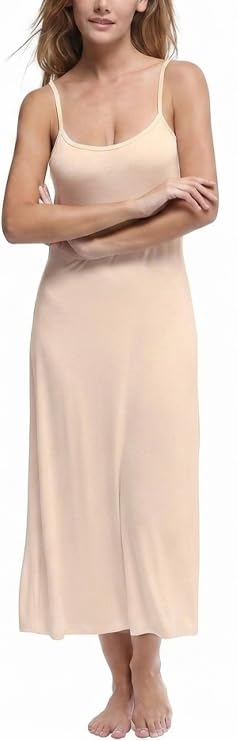 Shylve Damen Unterkleid Lang Sexy Unterkleider mit Trägern Nachthemd mit Rundhalsausschnitt Elastische Hosenträger (Hautfarbe XL)