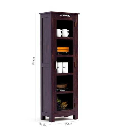 Image of Solid Sheesham Wood Display Cabinet | Tall Wooden Storage Unit with Glass Shelves | Multipurpose Book Shelf & Storage Organizer | Espresso Finish (Walnut)
