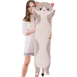 Almohada Gato Largo Aiuidun Almohada Larga de Felpa de Gato Almohada Suave para abrazar Gatos Almohada de Peluche Gatito Lindo para Dormir Almohada de Regalo para niños (90cm/35.4inch, Grey)