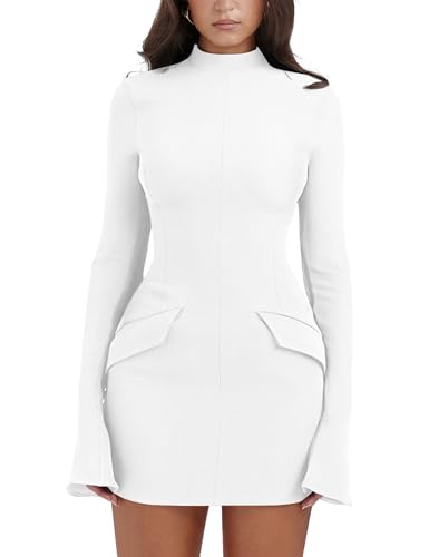 Image of YMDUCH Women's Long Sleeve Mock Neck Bodycon Mini Party Dress | Stretch,Flare Sleeve,Formal,Back Zipper,Elegant,Comfy,Casual,Fitted,Solid,Party,Date Night,Club,Birthday,Fall,Spring,Short