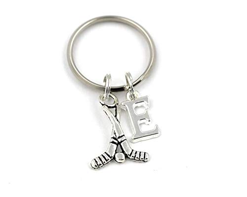 Silver KnightPersonalised Antique Silver Alloy & Stainless Steel Hockey Stick Key Ring Sports Keychain Any Initial in a Velvet Style Gift Bag Hockey Player Keychain