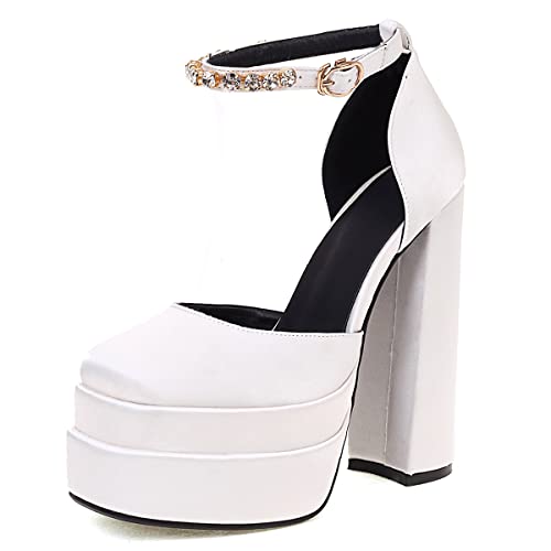 Roimaash Femmes Mode Plateforme Sandales Chunky Heels Satin L'été Chaussures Rhinestone Mariée Cheville Soirée Fête Pumps Silk White Size 37 Cover