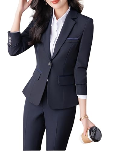 Women's 2 Piece Suit Lady One Button Business Work Office Slim Fit Blazer Jacket Pants Set