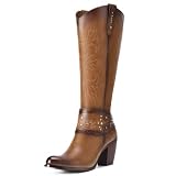 Rollda Cowboy Boots for Women, Cowgirl Boots Knee High, Ladies Tall Western Boots Rounded Toe Chunky Heel Pull on Zipper for Country Concert Party Women Boots Camel Size 7.5