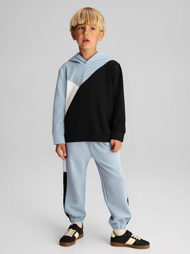 Image of Boys Clothes 2pcs Tween Boy Color Block Hoodie + Pants Little Boys Fall Winter Outfits Set, 4-12 Years