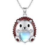 PCTJYFU Halskette mit Igel-Anhänger aus 925er-Sterlingsilber, niedlicher Tierschmuck mit Herz-Mondstein, perfektes Geburtstags-/Muttertagsgeschenk für Igel-Liebhaber