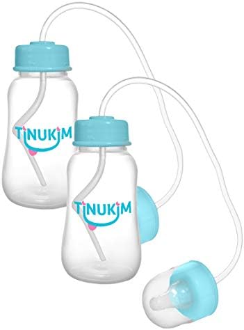 Tinukim iFeed 4 Ounce Self Feeding Baby Bottle with Tube - Handless Anti-Colic Nursing System, Blue - 2-Pack