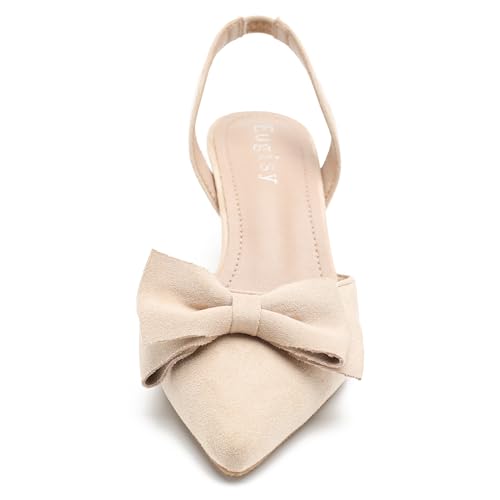 Women's Bow Slingback Heels Kitten Pumps Slip On Closed Pinted Toe Low Heels D'Orsay Comfortable Elegant Dress Wedding Party Shoes Nude 39-8US2