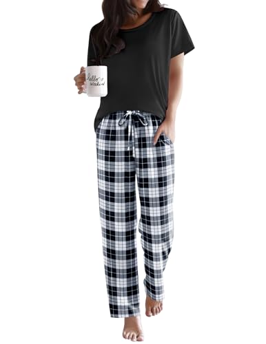 Ekouaer Pajama Sets for Women Round Neck Pjs Short Sleeve Sleepwear with Long Pants Loose Lounge Sets Black-White Plaid Large