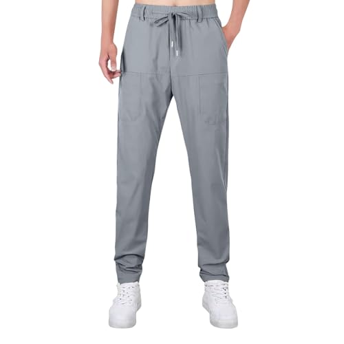 Big and Tall Lounge Cargo Pants for Men Waterproof Elastic Waist Drawstring Hiking Jogger Pants with Pockets