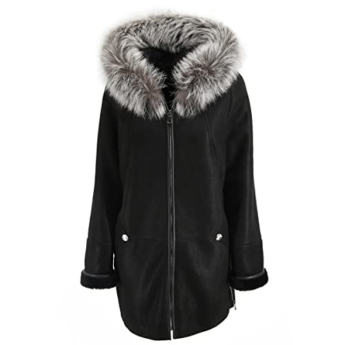 Hollert Damen Lammfelljacke BONA Schwarz mit Kapuze Merino Schaffell...