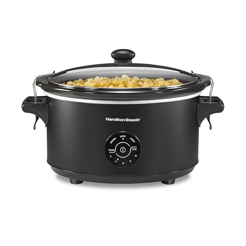 Hamilton Beach 7 Quart Stay or Go Portable Programmable Slow Cooker, 15 Cooking Options, Large Dishwasher Safe Stoneware Crock, Clip-Tight Glass Lid For Easy Travel, Black (33771)
