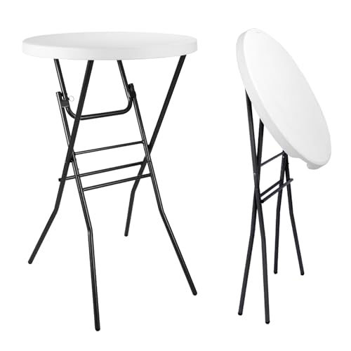 pollilar Cocktail Table 28in Portable Folding Bar Height Table Compact Round High Top Plastic & Steel Bistro with Removable Legs for Indoor Outdoor RV Patio Catering Parties Commercial Events-White