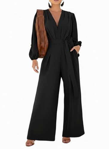 CHICME Women’s 2025 Elegant Long Puff Sleeve Jumpsuit Deep V Neck Tie Waist Casual Wide Leg Pants Romper with Pockets for Casual Dressy Occasions-Black-S