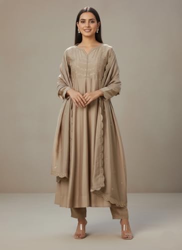 Image of Yashika Women's Silk Blend Embroidered Anarkali Kurta Set with Dupatta | Full Length Ethnic Wear for Women | Wedding