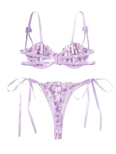 Image of Lilosy Sexy Tie Side Cute Underwire Push Up Strappy Embroidered Mesh Sheer Lingerie Set