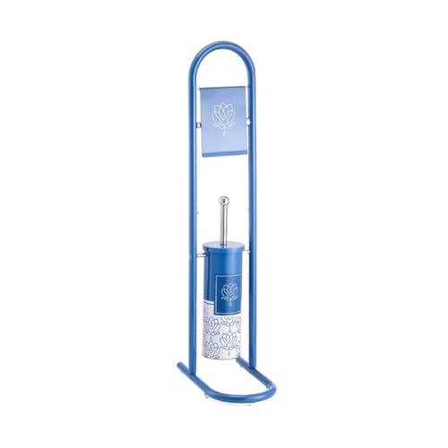 Piantana da Bagno, Set Accessori da Bagno, Piantana Portarotolo e Porta scopino, Colonna da Bagno, Metallo Verniciato e Decorato, H 80 cm Design Moderno (Azzurro)