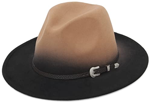 Eozy Gradient Color Fedora Hat For Women & Men Wide Brim Felt Hat With Belt Buckle/Camel #TOP6