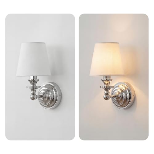 Image of Antique Linen Shade Wall Sconce- Brass Finish Base and Conical Fabric Shade Wall Light Fixture for Bathroom, Bedroom, Dining Room and Entryway(6.5 inch D x 11.5 inch H Chrome)