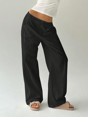 Womens Classic Casual Pants Plain Low Waist Straight Leg Pants3