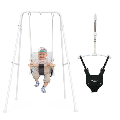 Image of RAGOZONERY 2 in 1 Baby Jumper with Toddler Swing, Baby Jumpers and Bouncers,Indoor Outdoor Toddler Swing Set, Cotton, White